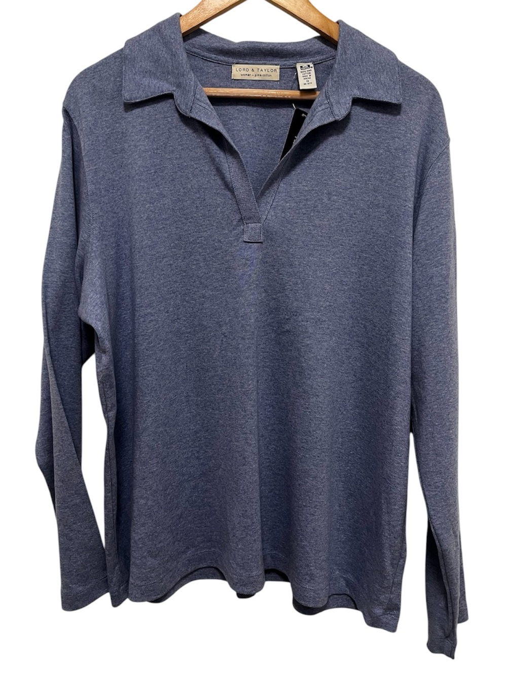 Lord & Taylor NWT 100% Pima Cotton Long Sleeve Polo Shirt Dust Blue 1X